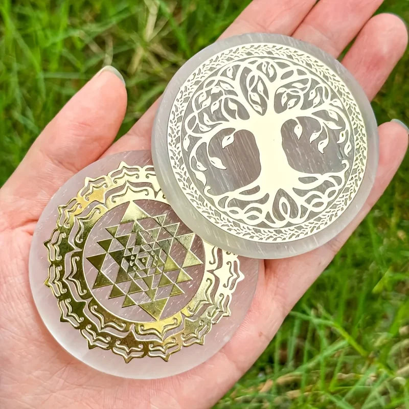 1pc Natural Selenite Slice Irregular Crystal Stone - Mixed Style Boho Star Moon Tree Flower Golden Tray Jewelry Accessories Art