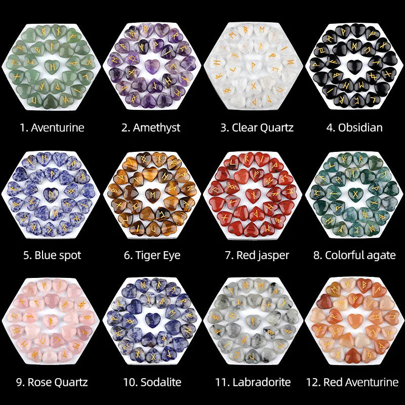 20mm Heart Shape Crystal Rune Stones Set 25pcs Quartz Agate Reiki Healing Crystals Engraved Elder Futhark Viking Alphabet Runes