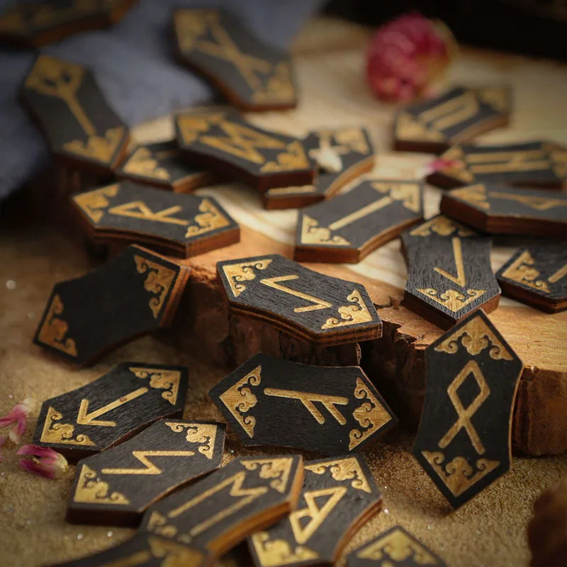 Wooden Rune Stone Set 25pcs Viking Norse Divination Kit with Guide Book Velvet Bag Spiritual Runes Beginners Meditation Ritual