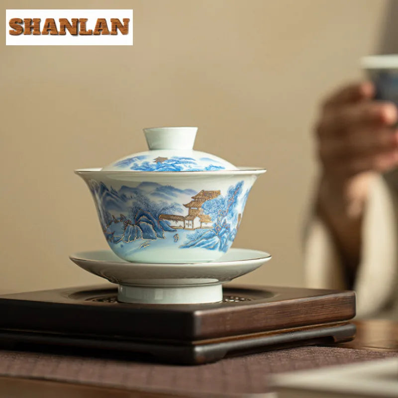 Blue And White Landscape Handmade Ceramic Sancai Tea Set Complete Set Zen Tea Ceremony Set Teapot And Tea Cup Set Tea Services