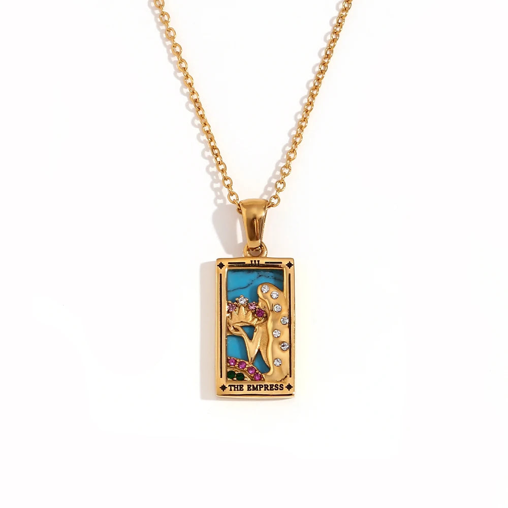 MamacitaSlay New In Populry Rectangular Pendant Empress Lovers Magician Tarot Waterproof Stainless Steel Necklace For Women