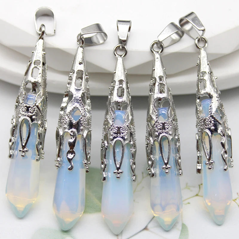 10pcs Crystal Pendulums for Dowsing Divination Natural Gem Stone Quartz Crystal Obsidian Hexagon Pendant For DIY Jewelry Making
